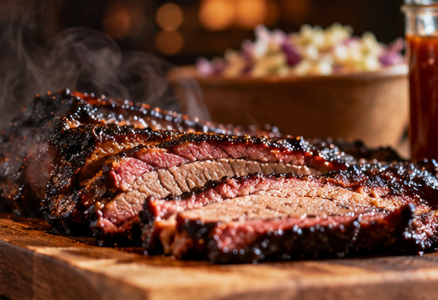 Illustrative photo of sliced smoked brisket on a wooden board; not actual food from this restaurant